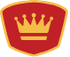 A red shield-shaped emblem with a gold border features a gold crown in the center.