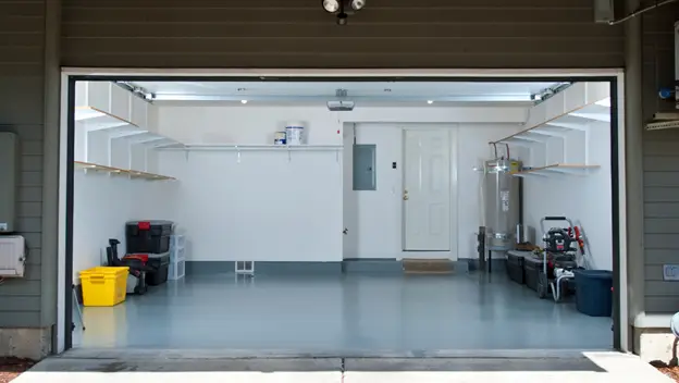 An empty garage with an epoxy-coated gray floor and walls equipped with shelves holding various items, including paint cans. On the floor are storage bins, a yellow container, and tools. The garage door is open, allowing sunlight to brighten the space.