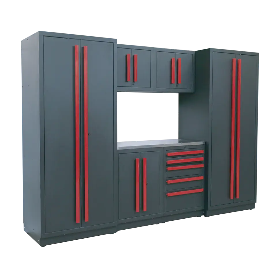 A sleek black modular storage system with red vertical handles, perfect for any garage. It features two tall cabinets on either side, a central workbench area with two small cabinets above, and a lower section boasting a cabinet and five drawers.