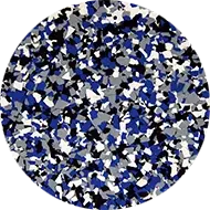 A circular pattern with a mix of blue, gray, black, and white speckles, resembling a terrazzo or confetti design.