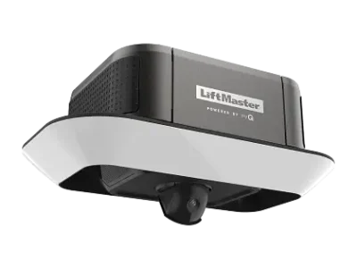 A LiftMaster garage door opener with a sleek, modern design is shown. It features a black and white body with a built-in security camera. The brand name "LiftMaster" is visible on the front of the device.